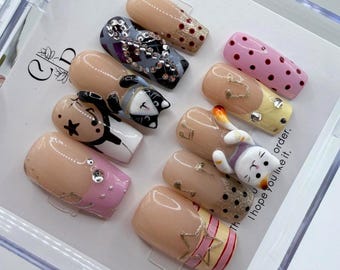 3D Kawaii Boba Cat Press On  | Hand Painted Gel Nails |  Reusable Nails Set