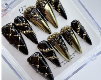 Baroque Gothic Press On Nails | Luxury Black and Gold Stiletto | Handcrafted 3D Chrome Set