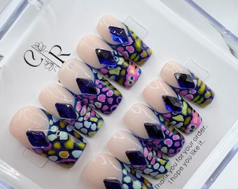 Handmade 2.5cm Square Press On Nails | Neon Abstract Animal Print | Trendy Hand-painted False Nails