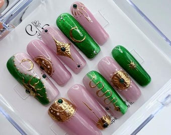 Emerald & Blush Celestial Press-On Nails | Handmade Luxury Witchy Astrology Nail Set