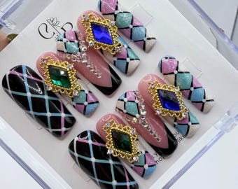 Vintage Royal Harlequin Press On Nails | Luxury Emerald & Sapphire Gemstone Nails | Handmade Glitter Argyle