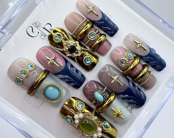 Luxury Gothic Baroque Press On Nails | Handcrafted Gold Gemstone Fake Nails | Gift For Her