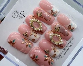 Elegant Coquette Press On Nails | Luxury Floral Gold Butterfly Gel Nails | Bridal Gift