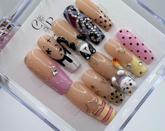 Handcrafted 3D Cat & Boba Mismatched Press-On Nails Set | Y2K Reusable Gel Fake Nails