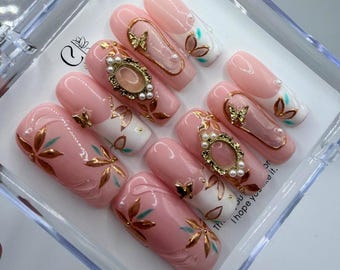 Luxury 3cm Square Press On Nails | Ornate Gold Butterfly | Elegant Bridal Fake Nail Art