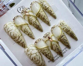 Baroque Gold Filigree Press On Nails | Luxury Regal White & 3D Chrome Stiletto Nails