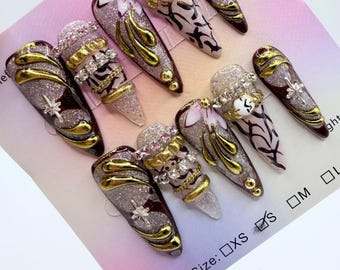Baroque Stiletto Press On Set 3D Floral Gold Swirl Burgundy Bangle Glitter Design
