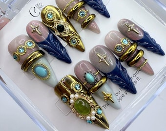 Luxury Armor Press On Nails | Baroque Gold Cross Stiletto | Fantasy Royalty Gel Set