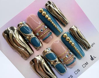 Teal Gold Coffin Press On Set 3D Liquid Metal Bangle Crystal Nude Design