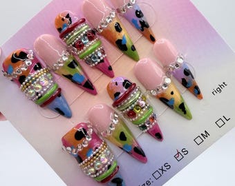 Y2K Junk Stiletto Press On Set Neon Cheetah 3D Bangle Rhinestone Design