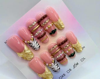 3D Luxury Press On Nails | Nude & Molten Gold Coffin Nails | Handmade Baddie Animal Print