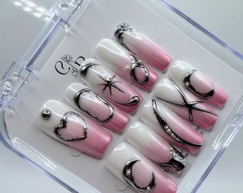 Pink Aura Ombre Press on Nails | 3cm  Square  with Silver 3D Heart and Star