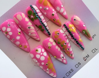 Pink Stiletto Press On Set 3D Floral Daisy Rhinestone Glossy Long Design