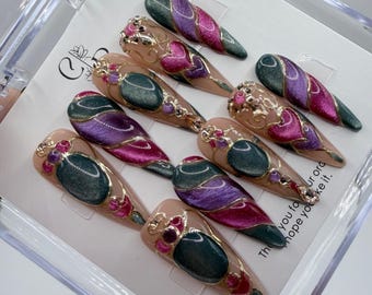 Luxury Press On Nails | Custom Gel Stiletto | Fantasy Gothic Wedding Fake Nail