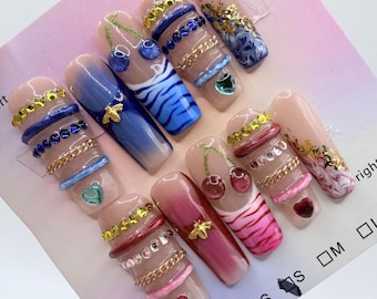 Maximalist Square Press On Set 3D Cherry Bee Zebra Bangle Blue Pink Design