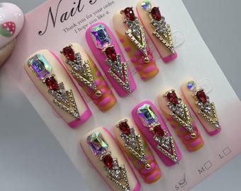 Pink Orange Press On Set Matte Junk 3D Charm Rhinestone Stiletto Design