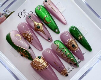 Handmade Emerald  Celestial Press On Nails | Luxury 3D Gold Snake & Moon Astrology Nail Set