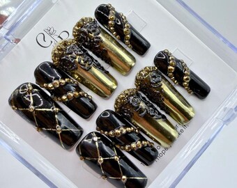 Handmade Black and Gold Baroque Press On Nails | Luxury 3D Rose Jewel