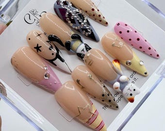 Handmade Pastel Anime Press On Nails |  Handpainted Star & Polka Dot False Nails
