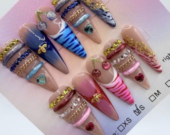 Maximalist Stiletto Press On Set 3D Cherry Bee Charms Blue Pink Bangle Design