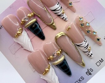 Stiletto Press On Set 3D Gold Bead Animal Print Zebra Leopard Nude Luxury Design