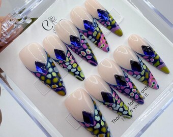 Neon Animal Print Press On Nails | V Cut 3cm Stiletto Gel False Nails