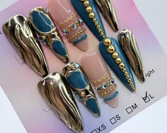 Teal Gold Stiletto Press On Set 3D Bangle Jewelry Pink Crystal Design