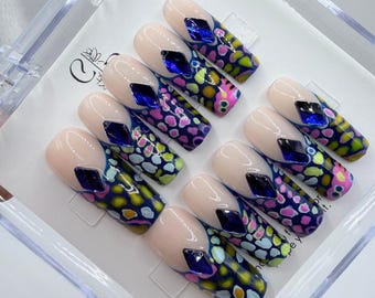 Handmade Press On Nails | Abstract Multi Color Gel | Festive Trendy False Nails