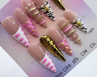 Pink Gold Stiletto Press On Set Zebra 3D Bangle Studded Rhinestone Design