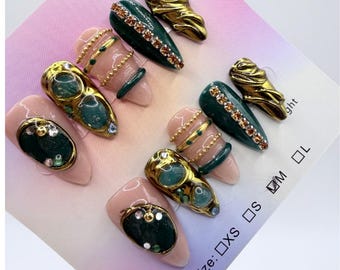 Green Gold Almond Press On Set 3D Medusa Vintage Bangle Rhinestone Luxury Design