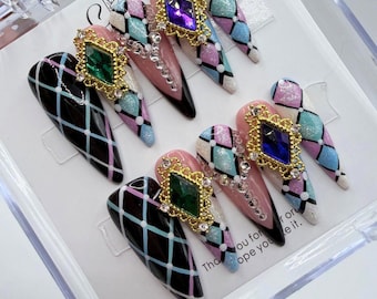 Handmade Pastel Harlequin Press On Nails | Luxury Gothic Circus Stiletto   3D Jewel Gel Nails