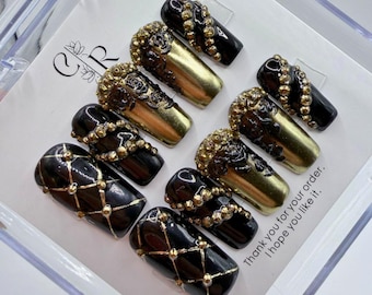 Luxury Black and Gold Quilted Press On Nails | Handmade Baroque 3D Rose Fake Nails