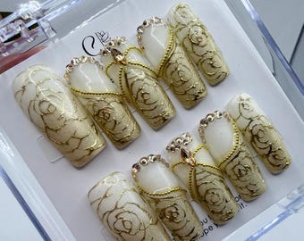 Vintage Gold Rose Press On Nails | Luxury Milky White & 3D Metallic Gold Floral
