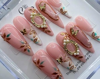 Luxury Pink Press On Nails | Regal Gold Coquette Gel Fake Nails | Wedding Prom Jewelry