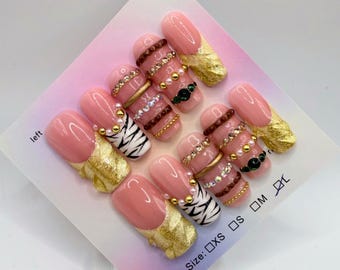 3D Gold Bangles Press On Nails | Square Zebra Pearl Embellished Gel