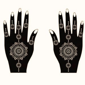 May include: Two black henna tattoo stencils in the shape of hands with intricate designs.