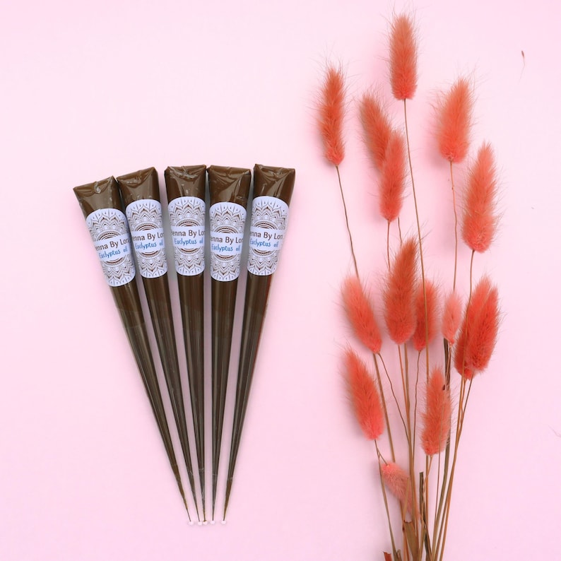 May include: Five brown henna cones with white labels and the text "Henna By Lola Eucalyptus oil" are arranged on a pink surface. To the right, a bundle of orange-red dried flowers adds a contrasting color and texture to the composition.