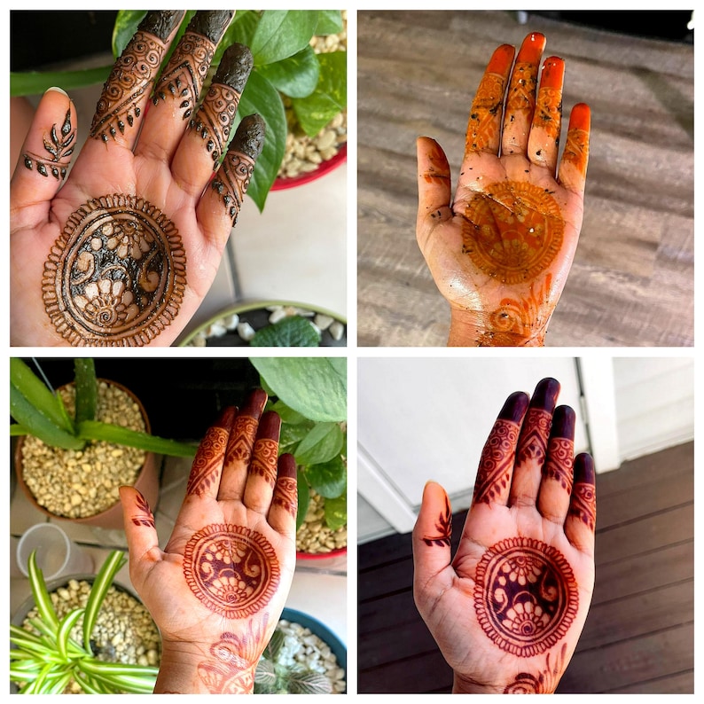 May include: Close-up of hands adorned with intricate henna designs. The henna is a deep reddish-brown color, featuring circular patterns and floral motifs on the palms and detailed patterns on the fingers. The designs are applied to the skin.