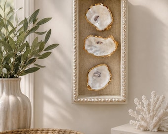 Handcrafted Oyster Shell Shadow Box, Neutral Coastal Decor, Gilded Beach Cottage Wall Art, Beaded Frame, Bedroom or Wall Hanging.