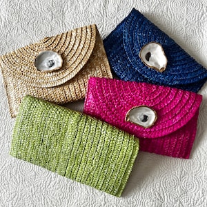 Woven Straw Clutch: Oyster Shell Envelope Purse, Beach Wedding