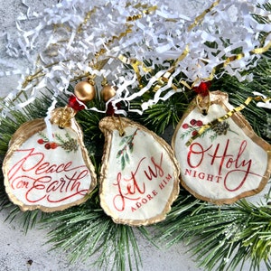 Oyster shell ornament, Christmas shell ornament, Religious gift, coastal tree, decoupage shell, hostess gift, Christmas dinner decor, Peace