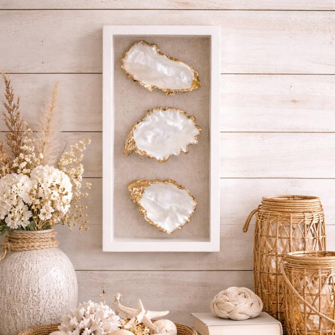Oyster Shell Shadow Box Art, Gold Gilded, Linen Backing, Coastal Wall ...