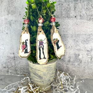 Oyster Shell Ornament, Decoupage Shell, Coastal Gift, Christmas Penguin Ornament, Hostess Wine