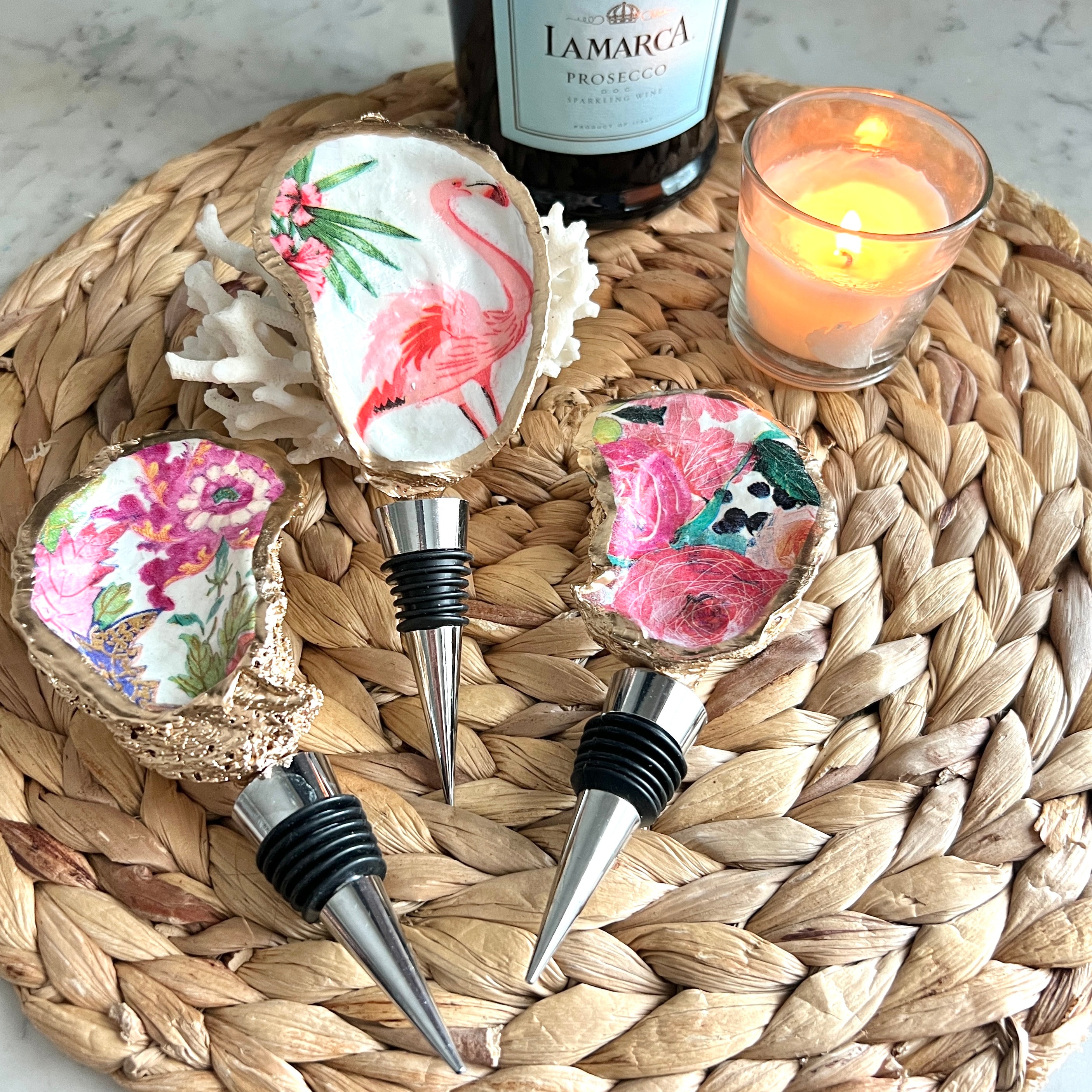 Decoupage Oyster Shell Wine Stopper: Gilded Coastal Bar Gift