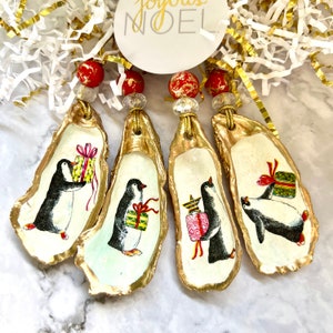 Oyster Shell Ornament, Decoupage Shell, Coastal Gift, Christmas Penguin Ornament, Hostess Wine