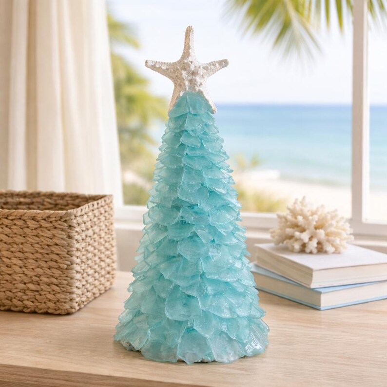 Fish Tree Topper Handcrafted Aqua Sea Glass Tree – Starfish Topper, Coastal Christmas ...