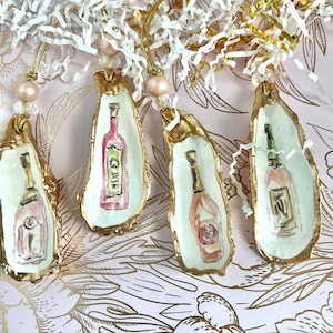 Decoupage Oyster Shell Ornament: Champagne Wine Charm, Party Favor