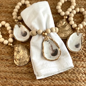 Oyster Shell Napkin Ring: Gold Leaf & Wood Bead Table Decor