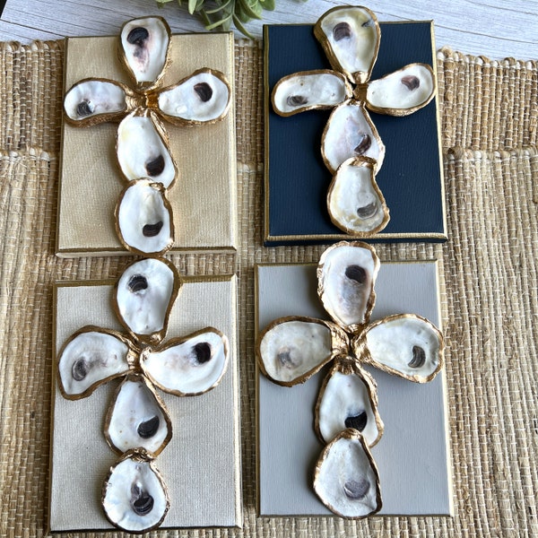 Oyster shell cross on canvas, Cross shell art, gold leafed oyster shells, wall decor, coastal beach decor, canvas art,spiritual gift,welcome