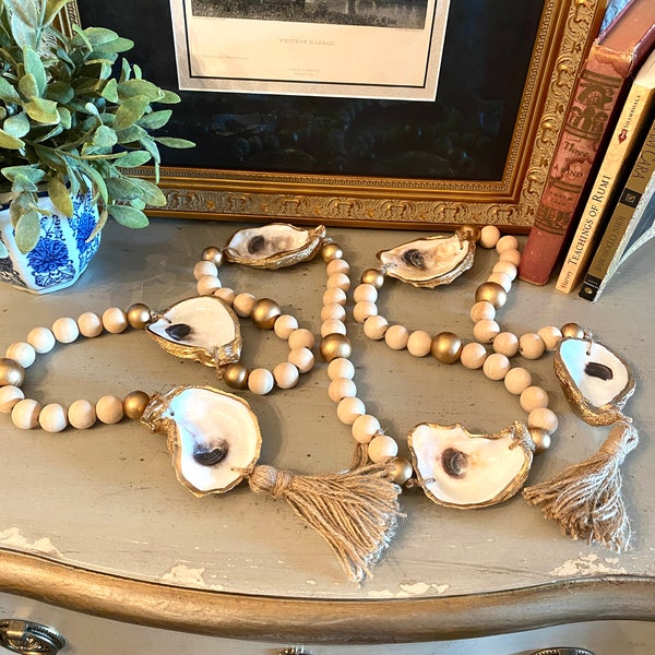 Oyster shell garland, wood beads, tassel, gilded shell garland, coastal decor, beach decor, table decor, shell garland, coastal grandmother